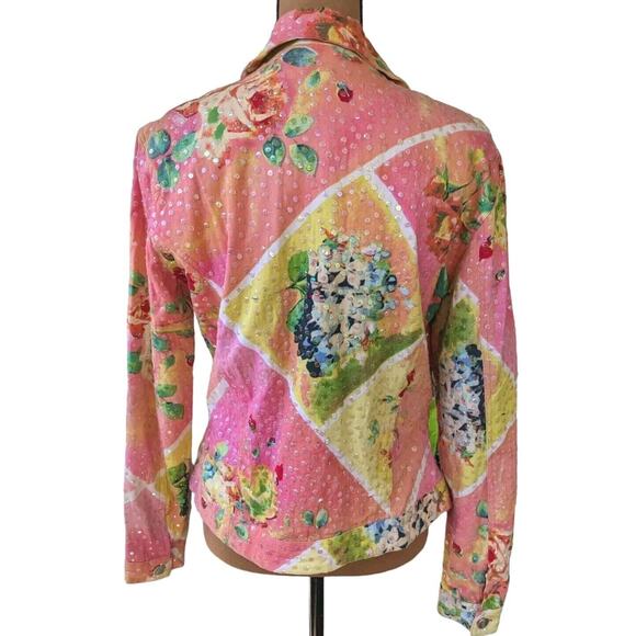 Redd Jeans Trucker Jacket 4 Abstract Floral Iridescent Sequins Cottagecore Artsy - Picture 5 of 16